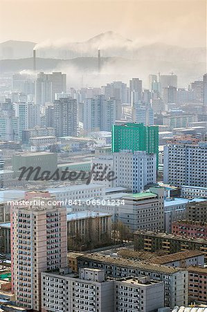 City skyline and pollution from coal fired power plants, Pyongyang, Democratic People's Republic of Korea (DPRK), North Korea, Asia