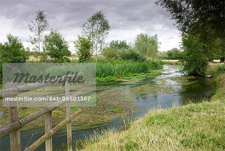 The River Windrush meandering through countryside near Burford in the Cotswolds, Oxfordshire, England, United Kingdom, Europe