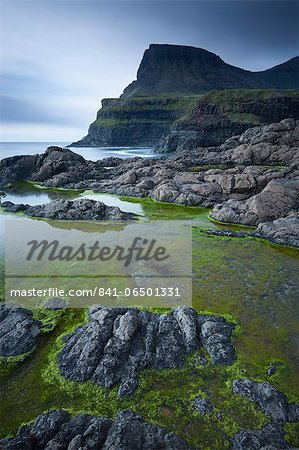 Algae lined rockpools on the coast at Gasadalur on the island of Vagar, Faroe Islands, Denmark, Europe Algae lined rockpools on the coast at Gasadalur on the island of Vagar, Faroe Islands, Denmark, Europe