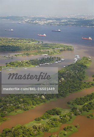 Aerial view of cargo ships on the Rio Negro, Manaus, Amazonas, Brazil, South America