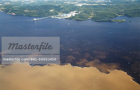 Aerial view of Encontro das Aguas, meeting of the Rio Negro and Rio Solimoes, Manaus, Amazonas, Brazil, South America