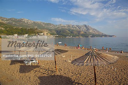 Beach and sunshades, Becici, Budva Bay, Montenegro, Europe