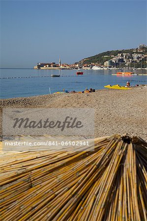 View of Budva Old Town and Beach, Budva Bay, Montenegro, Europe