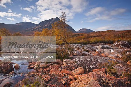 Stob a Ghlais Choire with the river Etive flowing past it, an area on the corner of Glen Coe and Glen Etive, Scotland, United Kingdom, Europe
