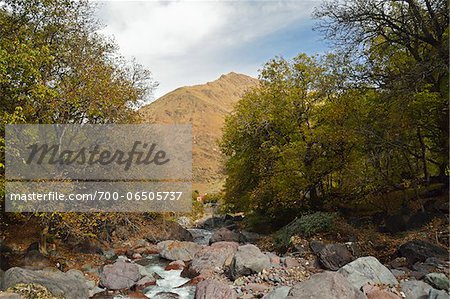 Toubkal mountains with village of Imlil and river through valley, High Atlas Mountains, Morocco, Africa