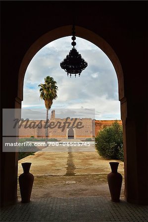 El Badi Palace Courtyard as seen from Inside Archway, Medina, Marrakesh, Morocco, Africa