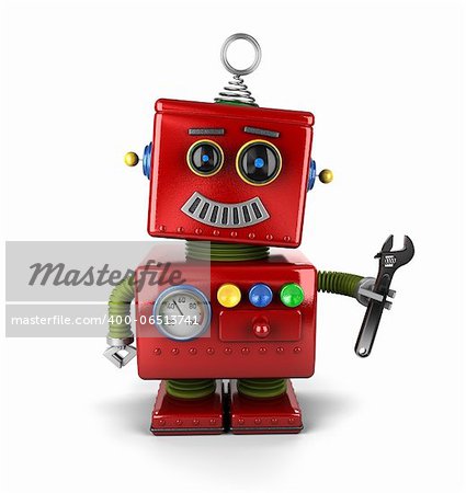 Toy mechanic robot holding a wrench over white background