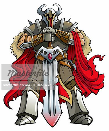 Crusader knight with huge sword, vector illustration, gradients