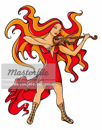 Young woman with curled hair playing violin, vector illustration