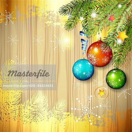 Wood background with Christmas ball and pine tree branch
