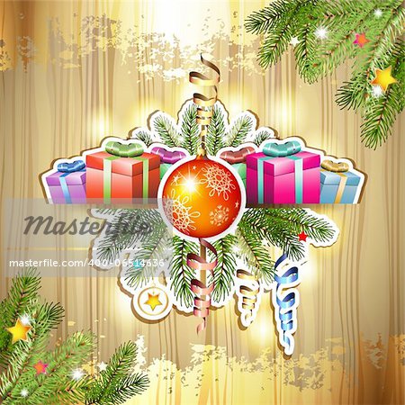 Wood background with Christmas ball and gifts