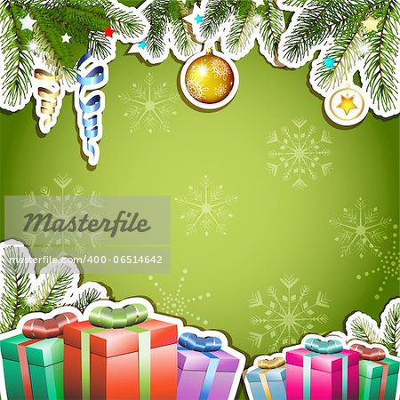 Green background with Christmas gifts and ball