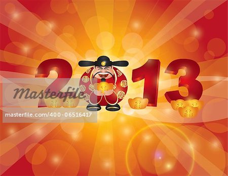 Chinese Lunar New Year 2013 Money Prosperity God with Bringing in Wealth and Fortune Text on Gold Bar Bokeh Background Illustration