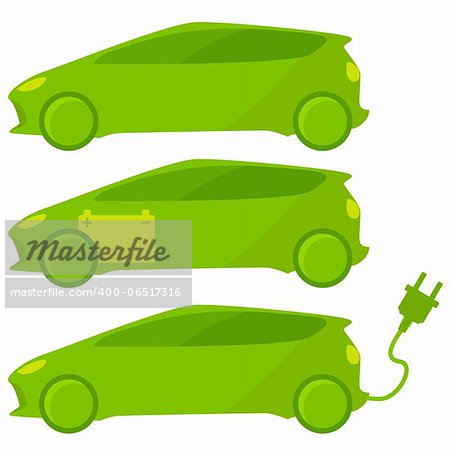 Three ecological, green cars with plug and battery.