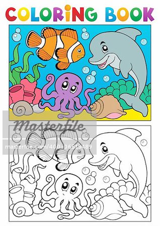 Coloring book with marine animals 6 - vector illustration.