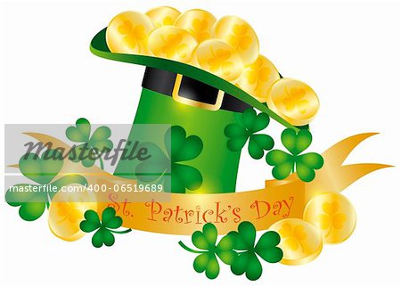 Happy St Patricks Day Banner with Leprechaun Hat Gold Coins and Shamrock Leaves Illustration