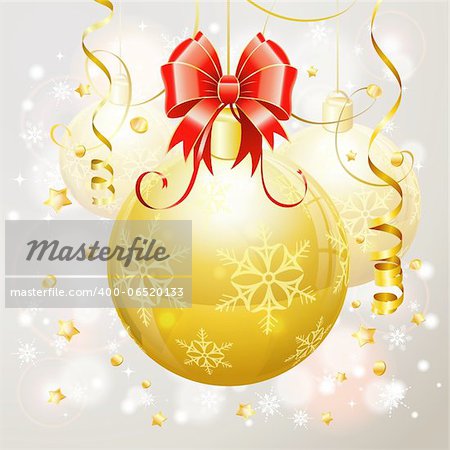 Christmas Background with Baubles and Bow, vector illustration