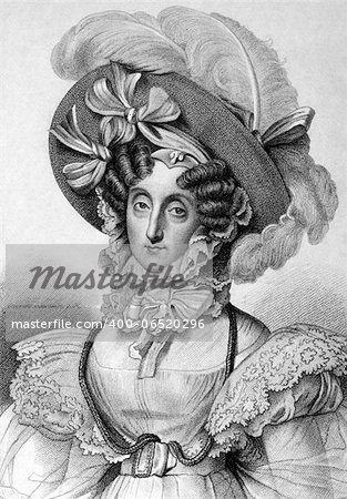 Maria Amalia of Naples and Sicily (1782-1866) on engraving from 1859. Queen of the French during1830â??1848. Engraved by Nordheim and published in Meyers Konversations-Lexikon, Germany,1859.
