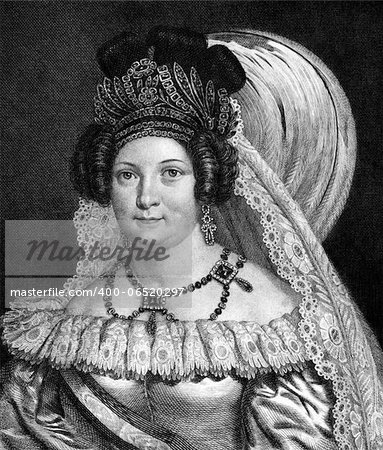 Maria Christina of the Two Sicilies (1806-1878) on engraving from 1859. Queen of Spain. Engraved by F.Fleischman and published in Meyers Konversations-Lexikon, Germany,1859.
