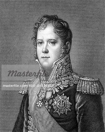Michel Ney (1769-1815) on engraving from 1859. French soldier and military commander during the French Revolutionary Wars and the Napoleonic Wars. Engraved by unknown artist and published in Meyers Konversations-Lexikon, Germany,1859.