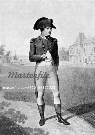 Napoleon Bonaparte (1769-1821) on antique print from 1899. Emperor of France. One of the most brilliant individuals in history, a masterful soldier, an unequalled grand tactician and a superb administrator.After  Godefroy & Lingee and published in the 19th century in portraits, Germany, 1899.