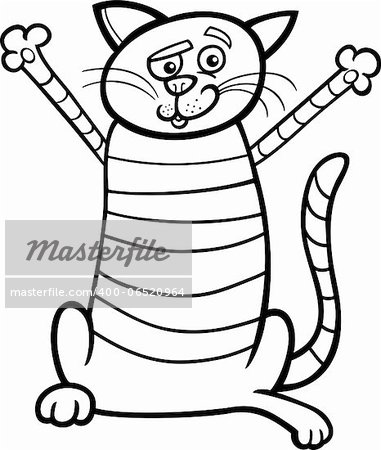 Black and White Cartoon Illustration of Happy Tabby Cat for Coloring Book