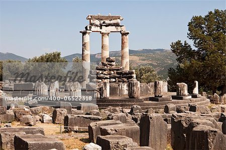 The ruins of the Sanctuary of Athena at Delphi are located around the circular central portion of the temple.