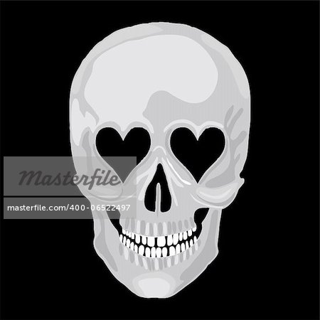 Human skull with heart love eyes for valentine day. Vector object scull illustration. People bone design isolated on black background. Halloween symbol.