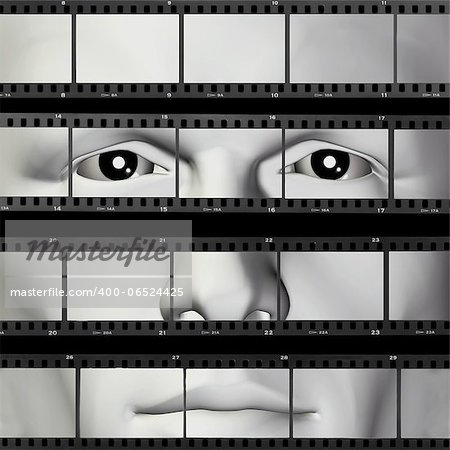 Man portrait on contact sheet filmstrip photo background. 3d illustration.