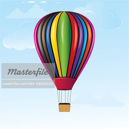 Hot air balloon in sky with bamboo basket texture. Detailed vector icon illustration.