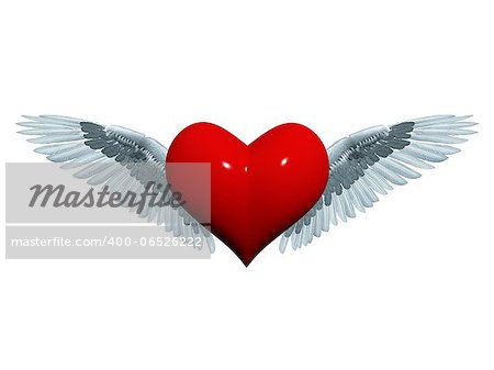 3d red heart with white-grey wings like angel