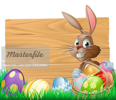 The Easter bunny with a basket of Easter eggs with more Easter eggs around him by a wood sign board