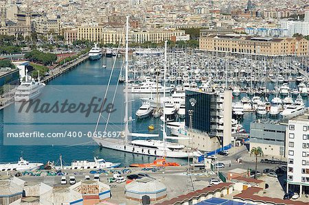 aerial view over Barcelona harbor from the cable car