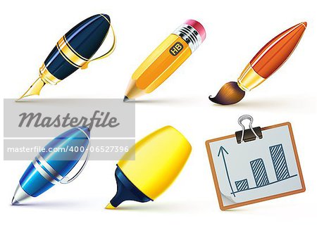 Vector illustration set of writing implements including pencil, pen, marker, brush and clipboard.