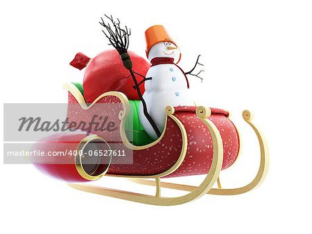 santa sleigh and Santa's Sack with Gifts snowman on white background