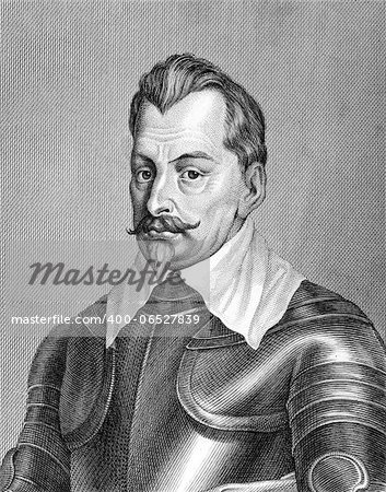 Albrecht von Wallenstein (1583-1634) on engraving from 1859. Military leader and politician. Engraved by C.Barth and published in Meyers Konversations-Lexikon, Germany,1859.