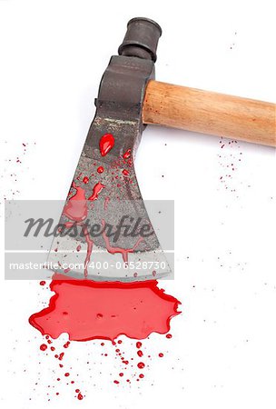 A close-up of a bloody axe and small pool of blood (red paint) isolated on white.