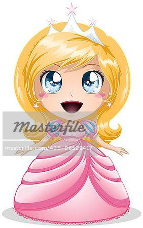 A vector illustration of a princess with crown in pink dress.