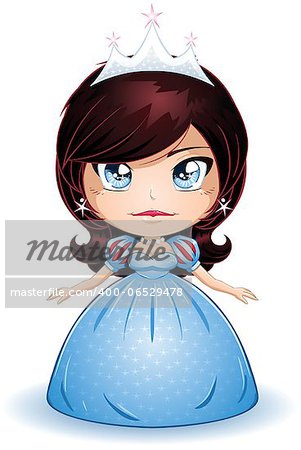 A vector illustration of a princess with crown in blue dress.
