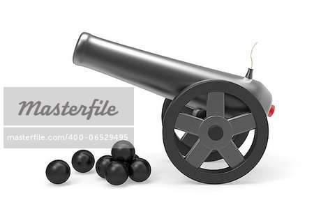 Cannon with black bombs on white background