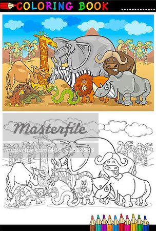 Cartoon Illustration of Funny Safari Wild Animals like Elephant, Rhino, Lion, Zebra, Giraffe and Monkey for Coloring Book or Coloring Page