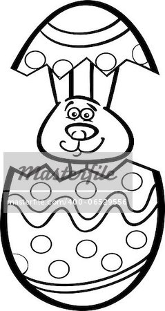 Black and White Cartoon Illustration of Funny Easter Bunny in Colored Eggshell of Easter Egg for Coloring Book