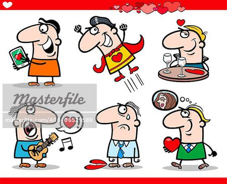 Cartoon Illustration of Happy Men Valentines Day or Love Themes with Heart, Valentine Cards