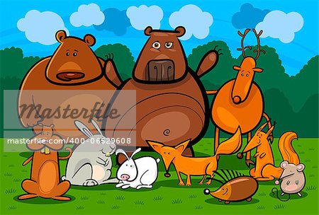 Cartoon Illustration of Funny Forest Wild Animals like Bears, Hedgehog, Deer, Hare and Fox against Forest, Meadow and Blue Sky
