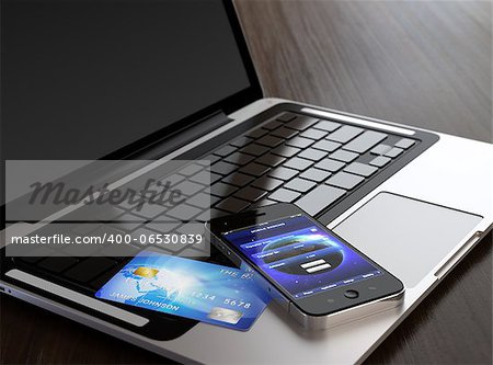 Computer generated image of mobile phone with mobile banking application on screen and credit card on laptop.