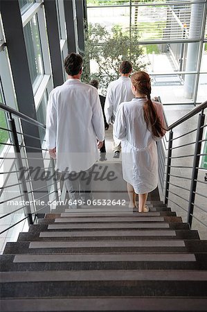 Doctors climbing staircase in office