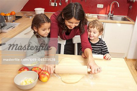Mother and children baking together