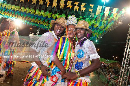 South America, Brazil, Maranhao, Sao Luis, costumed Cacuria dancers at the Cacuria de Dona Tete presentation at the Bumba Meu Boi festival in the Praca Aragao