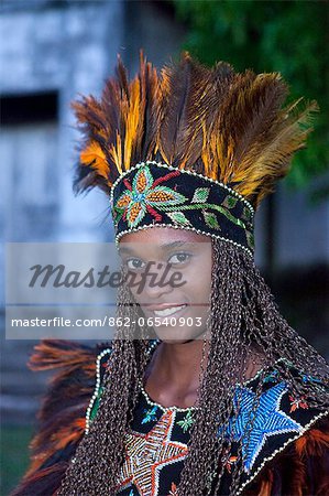 South America, Brazil, Maranhao, Sao Luis, a costumed dancer from the Bumba Meu Boi festival MR