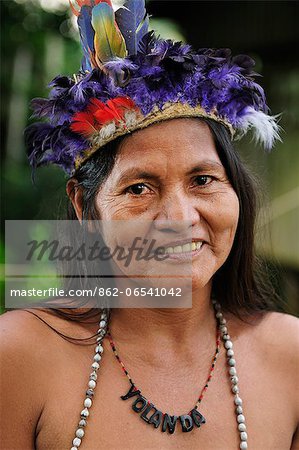 Indian woman with head dress, Ticuna Indian Village of Macedonia, Amazon River, near Puerto Narino, Colombia